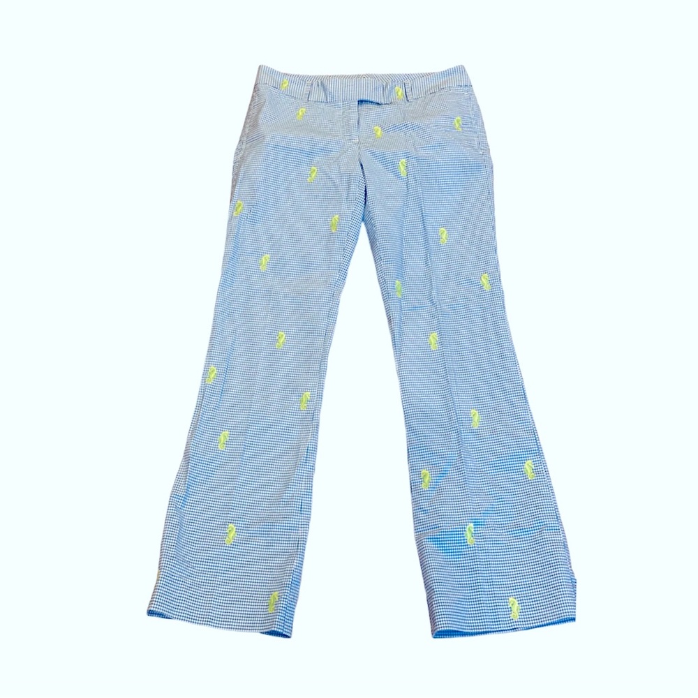 J.Crew Blue White Gingham Lime Green Embroidered Seahorse Pants Lightweight 8 - Picture 3 of 8